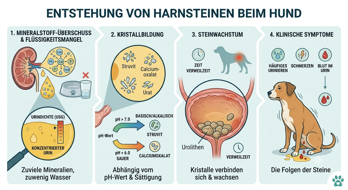 Infografik: Entstehung von Harnsteinen beim Hund in vier Schritten, von Mineralstoff-Überschuss über Kristallbildung und Steinwachstum bis zu klinischen Symptomen